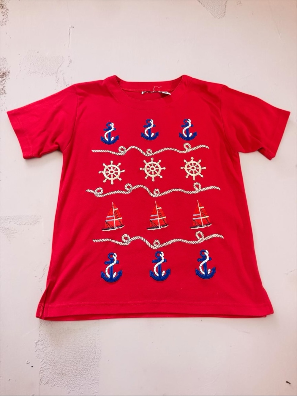 Vintage Keneth Too Womens Petite Large Short Sleeve Red Top Nautical Embroidery